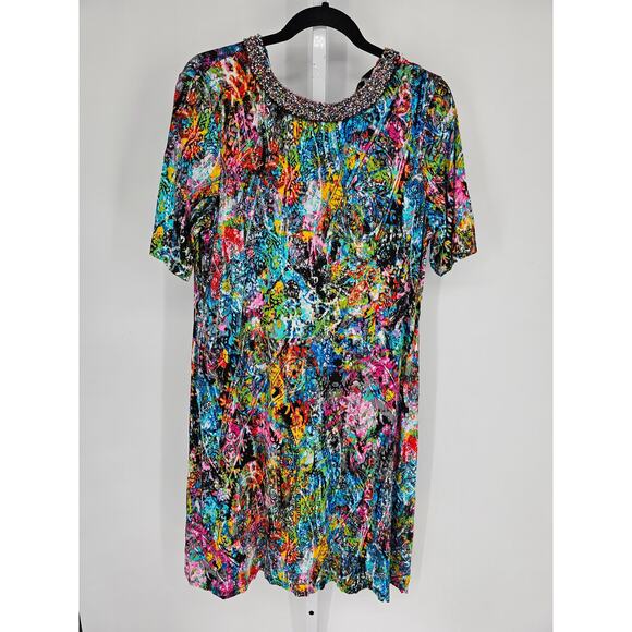 Investments Women Multicolor Round Rhinestone Neck Midi Dress Size PL NEW - Picture 1 of 5